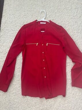 Calvin Klein Red Blouse Gold Zipper Detail Long Sleeve Top